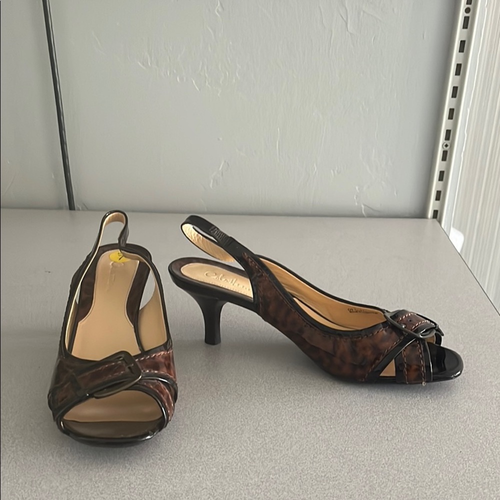 Leopard print Cole Haan open toe heels with buckle